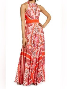 Eliza J Coral Paisley Halter Maxi Dress